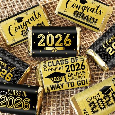 30pcs/5sheets Black & Golden Class Of 2026 Graduation Mini Candy Bar Wrapper Stickers, Congrats Grad Chocolate Candy Bar Labels Stickers, Party Favor, Graduation Party Decoration, No Candy