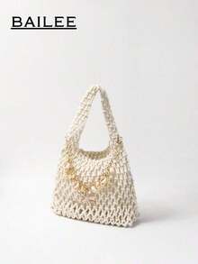 BAILEE 1 Set Polyester Crochet Mesh Bottom Multi-Color Solid Knitted Tote Bag, Quilted Pattern, Lightweight Portable Large Capacity Cute Fashion Beach Bag, Suitable Women, Young Professionals, Teachers/Girls - 白色 - 查看 12
