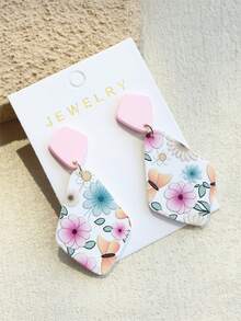 1对女士花卉蝴蝶印花浅粉色陶瓷质感优雅菱形亚克力耳环 - 彩色 - 查看 2