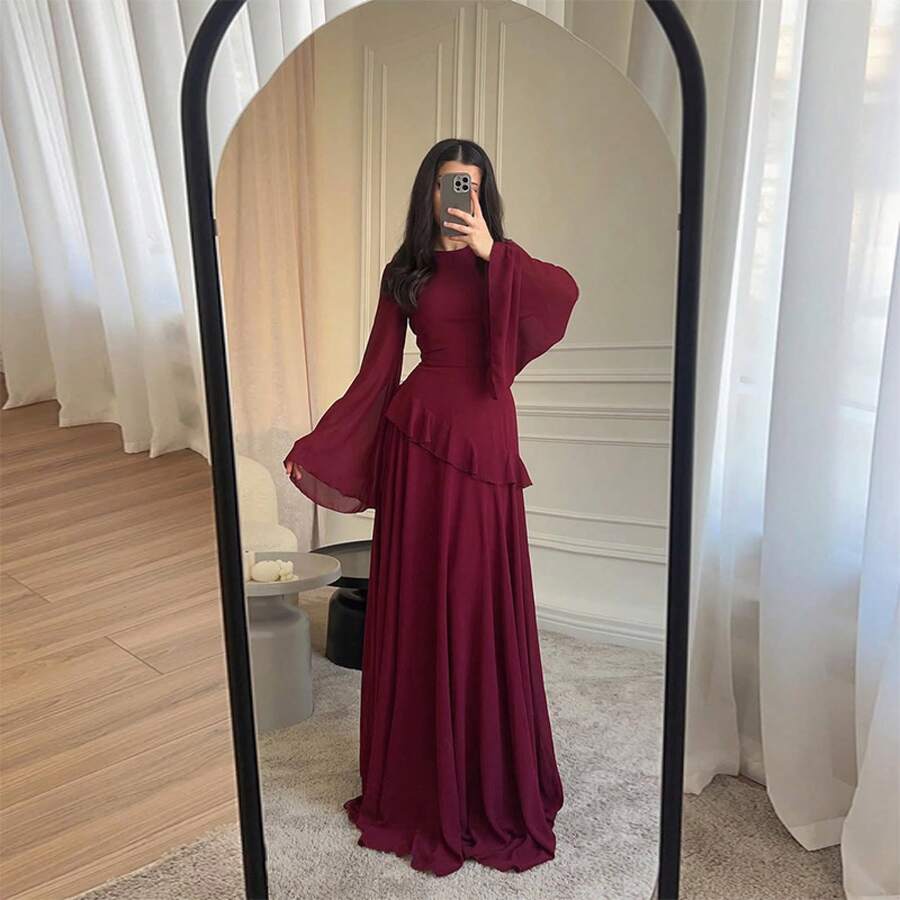 1Pcs Women's New Pure And Alluring High-End Round Neck Slim Fit Long Sleeve Dress - 酒紅色 - 查看 1
