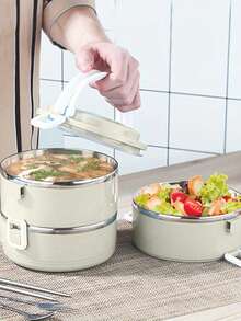 1/2/3/4pcs Round Stainless Steel Premium Solid Color Lunch Boxes With Lids, Multi-Layer Compartments, Multifunctional, High-Temperature Resistant, Strong Sealing, Heat-Insulated, Portable With Handle And Vent Valve, Made Of Materials, Adaptable To Various Scenarios. Suitable For Home, Kitchen, Restaurant, Office, Students, Hospitals, Visiting Relatives, Picnics, Camping, And Travel. - View 3