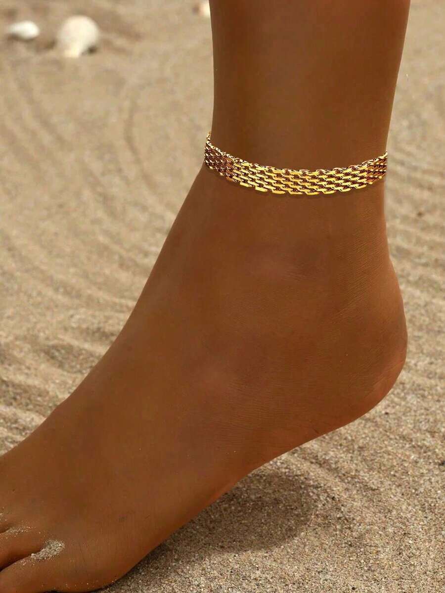 1pc Adjustable Women/Girls Summer Beach Anklet, Snake Chain Design - Gold - View 1