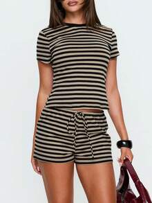 Women's Summer Shorts Outfit Casual Loose Fit Stylish Striped Crew Neck Short Sleeve Tops And Shorts 2 Pcs Set - 黑色 - 查看 4