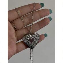 Romantic Heart-Shaped Locket Pendant, Openable, Silver-Colored, Fashionable & Unique, Photo Frame Necklace, Suitable For Both Men And Women, Gift For Valentine's Day, Mother's Day - 銀級 2 - 查看 3