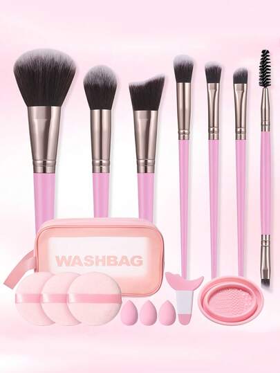 16-Piece Professional Makeup Brush And Beauty Sponge Set: Includes 7 Brushes (For Setting Powder, Blush, Highlighter, And Eyeshadow) + 3 Portable Makeup Sponges + 3 Ultra-Soft, Non-Absorbent Beauty Sponges + Brush-Cleaning Bowl; Comes With A Portable Letter-Printed Pouch-Complete Makeup Tool Set.