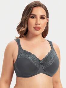 MELENECA Women Plus Size Full Coverage Underwire Lace Bra With Comfortable Cushioned Straps - Dark Grey - View 4