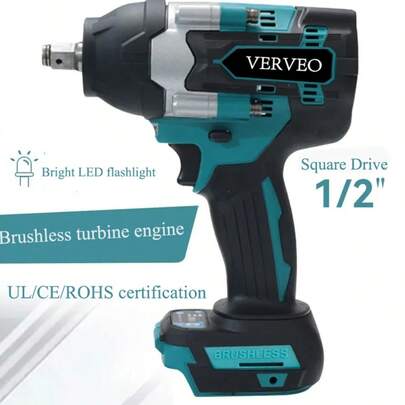 VERVEO Llave de impacto sin escobillas de 20V, par de torsión alto de 1000N.M, 1/2 pulgada, ligeramente pesada, motor de cobre puro, compatible con batería de ión de litio de 18-20V, para reparación doméstica y automotriz, herramienta eléctrica profesional, nueva batería de ión de litio tipo C