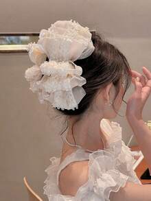 1件装女士时尚多层蝴蝶结大号夹子后脑勺圆盘发夹鲨鱼夹新款蕾丝花朵发爪头饰发饰 - 彩色 - 查看 4