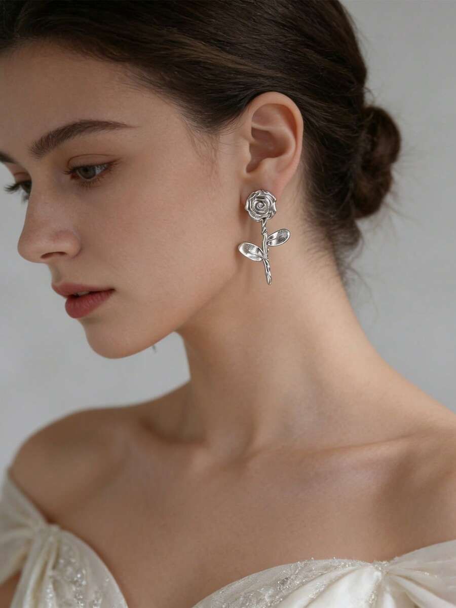 一对时尚玫瑰花耳环，新娘优雅耳环，适合日常佩戴、婚礼、派对、情人节、复活节礼物 - 彩色 - 查看 1