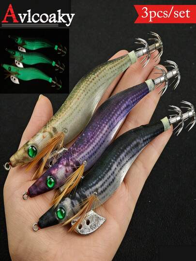  Avlcoaky 3pcs/Set Shrimp Fishing Lures Luminous Squid Jig Hook Shrimp Prawn Lure Artificial Hard Bait