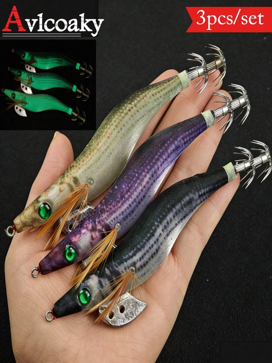 Avlcoaky 3pcs/Set Shrimp Fishing Lures Luminous Squid Jig Hook Shrimp Prawn Lure Artificial Hard Bait - Multicolor - View 1
