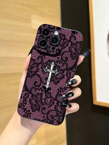 1pc New Unique Lace Cross Pattern Creative Phone Case, Compatible With Apple 17 Pro Max/Air, 11/12/13/14 Plus, XR/7/8 Plus/15 Pro Max, Series - Black - View 2