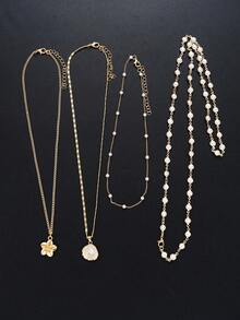 4pcs Vintage Bohemian Style Metal Shell & Faux Pearl Flower Pendant Tassel Necklace Set, Y-Shaped Chain, Suitable For Daily Wear And Beach Vacation, Women Jewelry - Gold - View 6