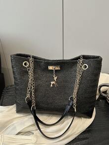 1pc Deer Decor Woven Paper Large Capacity Tote Bag, Suitable For Women's Daily And Beach Use In Spring/Summer - Black - View 6