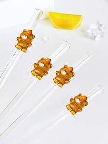 1/2/4入組可重複使用卡通玻璃吸管，內含熊熊裝飾，透明彎曲玻璃飲用吸管餐具組，適用於廚房配件、吸管蓋、冷飲、奶茶、咖啡、果汁、居家、餐廳、節日用品、夏季、畢業季 - 款式3 - 查看 5