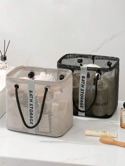 Mesh Shower Bag, Portable Foldable Bathroom Storage Bag, Handheld Perforated Draining Toiletry Bag, Student Dormitory Bathhouse Washing Basket, Large Capacity Waterproof Gym Makeup Bag, Travel Dirty Clothes Basket, Quick-Dry Bathroom Tote