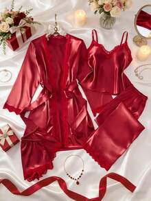 Bộ đồ ngủ 5 món màu trơn bằng vải satin và ren, gồm áo choàng dài tay, áo cổ chữ V, quần short, quần dài và thắt lưng, đồ ngủ và đồ mặc nhà thanh lịch dành cho nữ. - Màu Đỏ Sâu - Xem 3