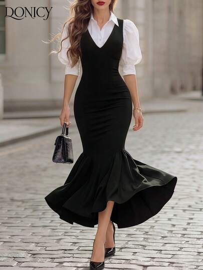 DONICY Vestido preto elegante com decote em V, modelo sereia feminino, sem mangas, ideal para festas e eventos noturnos.