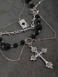 两件套哥特式多层十字架项链，仿珍珠流苏颈链，水钻扑克牌吊坠项链套装，朋克锁骨配饰，女士多层毛衣链 - 銀色 - 查看 4