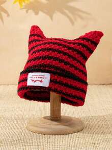 .1pc Men's Unique Cat Ears Sewn Label Y2K Knit Beanie, Suitable For Autumn/Winter Warm Daily Wear Halloween Fall Outfit.. U4LY - E - View 3