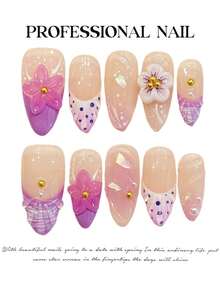 10 piezas de uñas postizas hechas a mano con flores rosas y moradas románticas, uñas falsas cortas de almendra con estilo francés de puntos, con flores 3D de perla y degradado, para primavera, picnic y uso diario, con pegamento de gelatina y lima de uñas, suministros de arte de uñas DIY - Multicolor - Ver 4