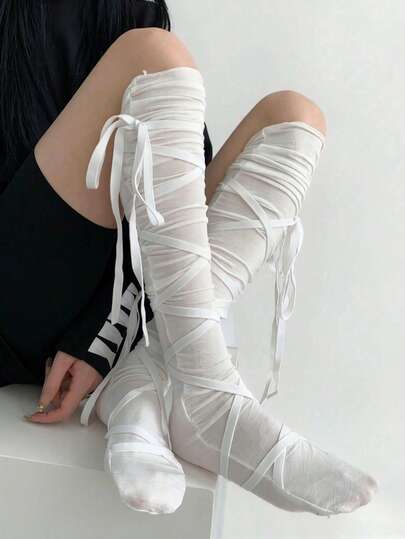 1 Pair Spring/Summer Black/White Lace-Up Socks For Women, Mid-Calf Niche Design Knee-High White JK Calf Socks, Lace-Up Crisscross Bow Design Over-The-Knee Calf Socks, Extended Scrunch Socks, Hot Girl Y2K Sweet Cool Subculture Elastic Ballet Socks, Suitable For Daily Wear, Parties, Cosplay, And Street Style