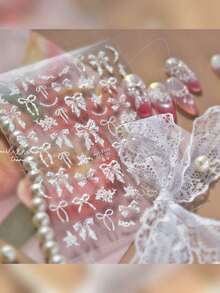 1件白色蕾丝蝴蝶结缎带饰边蝴蝶结丝绸纱花床爱心珍珠链水钻美甲贴纸 - 白色 - 查看 5