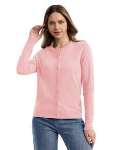 Women's Knit Cardigan Sweater Casual Lightweight Crew Neck Long Sleeve Open Front Cardigan - Baby Pink - View 4