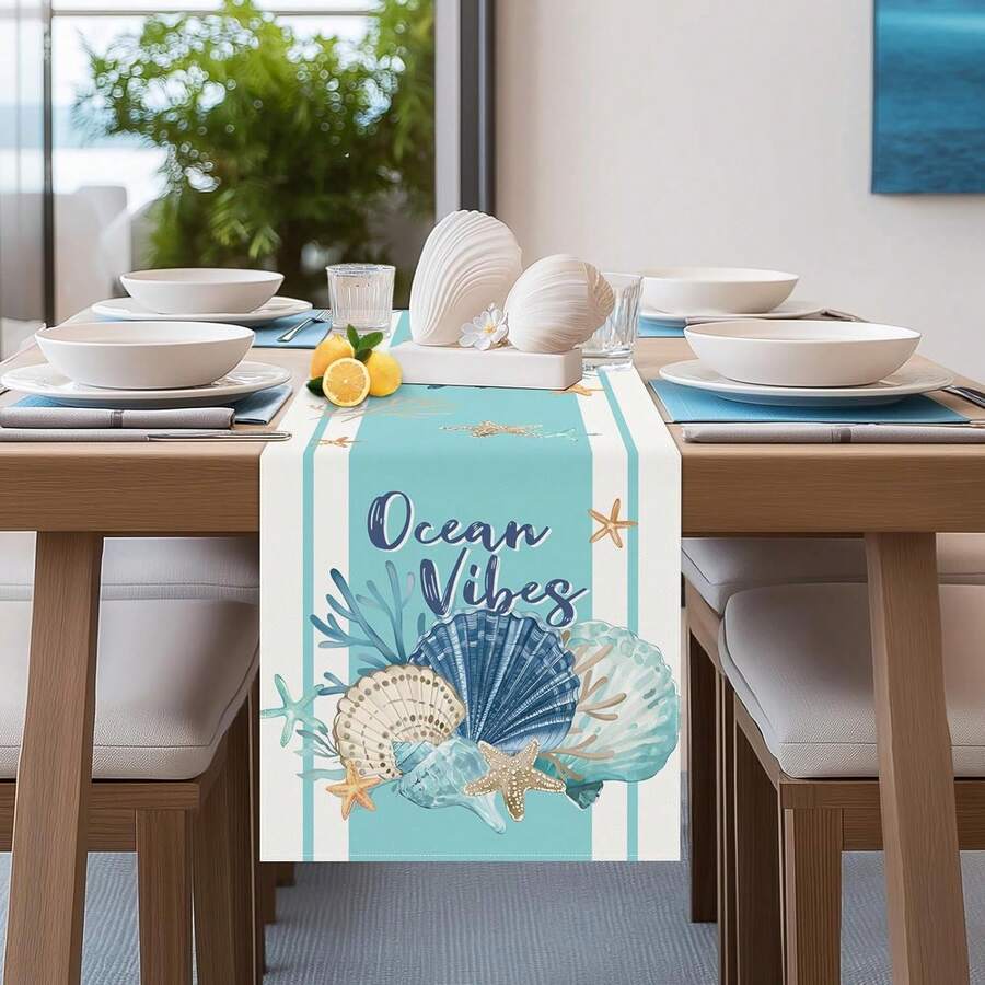 Blau & Grün Küsten-Nautik Tischläufer mit Strandmuscheln, Seesternen, Meereskorallen Motiven, Sommer Küchen Esszimmer Tischdekoration, Innen- und Außenbereich Heim Party Deko - Verschiedenfarbig - Übersicht 1