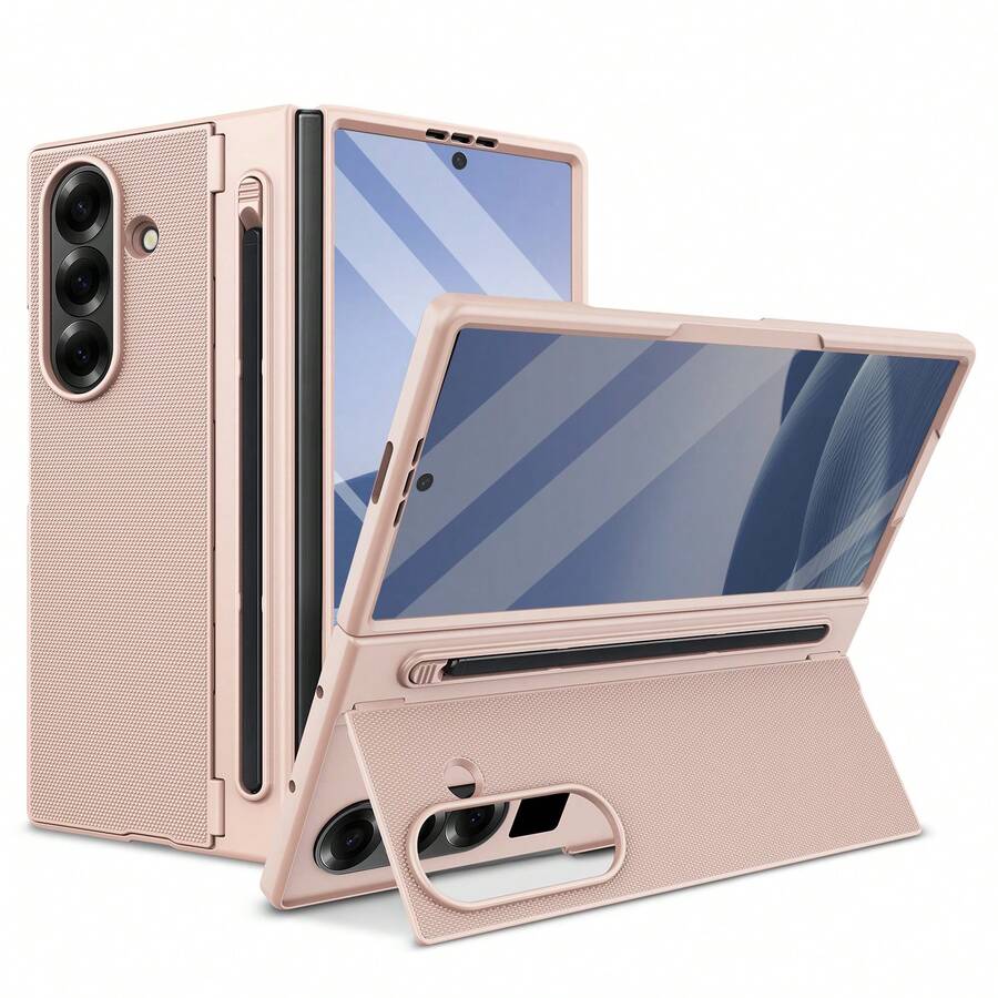 VIETAO 內置筆隱藏式幾何支架噴漆手機殼，適用於 Galaxy Z Fold 6 7 8 Ultra Fold6 Fold7 手機保護殼，附強化玻璃螢幕保護貼 - 玫金色 - 查看 1
