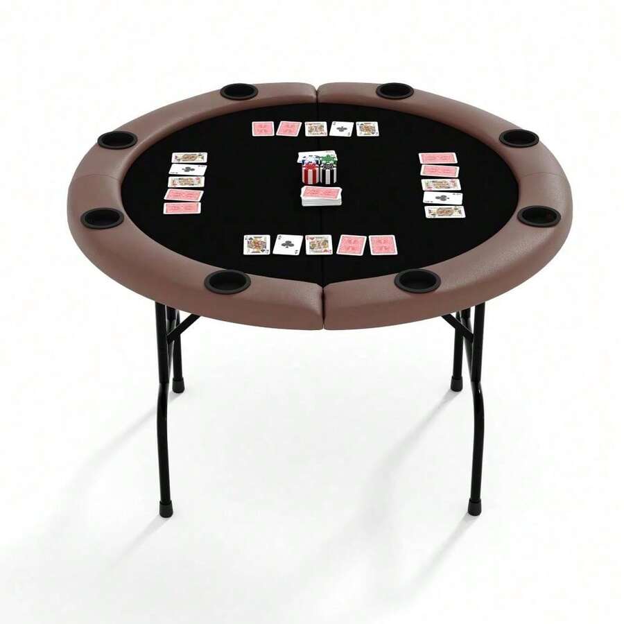 Mesa plegable de póquer para 8 jugadores, mesa redonda de 48 pulgadas, con fieltro de calidad casino y portavasos, para Texas Holdem, noches de juegos en casa, sala de juegos. - Borde marrón + negro - Ver 1