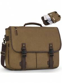 Men's Briefcase Messenger Bag, Large-Capacity Laptop Briefcase 15.6-Inch Men's Canvas Laptop Briefcase With Adjustable Shoulder Strap, Khaki - Multicolor - View 11