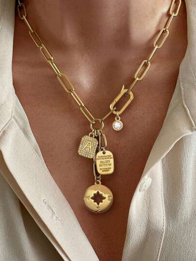 1pc Women's Gold Pendant Necklace, Featuring Oval Clasp Design With 26 Alphabet Pendants, Letter Pendants And Compass Octagonal Star Pendants. Unique Design And Distinctive Style Exudes Elegance And Sophistication, Ideal For Daily Wear And Perfect Gift Choice