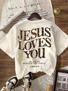 Women's Casual Round Neck Short Sleeve T-Shirt With "Jesus Loves You" Leopard Print Graphic, Summer Vacation Outfit - Light Apricot - View 2