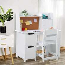 Kids Desk and Chair Set, Mesa de Estudio Infantil con Silla y Almacenamiento - Juego de Escritorio para Niños 3-8 Años, Incluye Estantería y Gabinetes, Ideal para Aprender, Pintar y Jugar. - Blanco - Ver 4