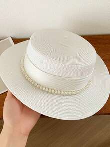 1pc Women's French Elegant Anti-UV Straw Hat With Pearl, Graceful Pearl Hat, Unisex Straw Hat, Suitable For Beach Vacation Bohemian - Pearl Multicolor - View 17