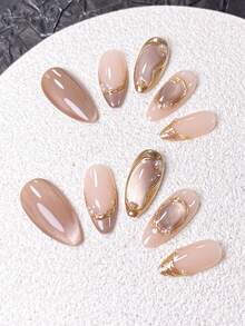 10 piezas de uñas postizas hechas a mano, uñas cortas, uñas postizas, puntas de uñas francesas, uñas con forma de almendra, uñas de color nude, uñas de ojo de gato de oro champán, uñas doradas, uñas de estilo retro lujoso, uñas elegantes y suaves, con decoración de contorno dorado pintado a mano, perla y cuentas de metal dorado, incluye herramientas para uñas, de uso y remoción rápida, adecuado para mujeres y niñas - Champán - Ver 7