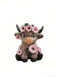 苏格兰高地牛花环雕塑，棕色苏格兰高地牛花盆雕塑，乡村风格动物牛树脂装饰品，适用于室内房间、庭院和阳台 - A - 查看 9