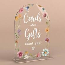 Modern Calligraphy Acrylic Wedding Sign - Wild Flower Arch Desktop Decor, With "Cards & Gifts" Info, Thank You Card Suitable For Reception, Party, Event - Durable Transparent Display, Easy To Clean, Modern Home & Party Decor, 2D Flat - A - View 2