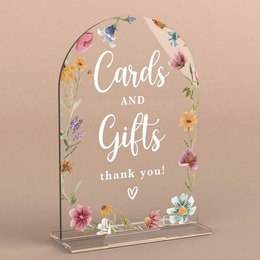 Modern Calligraphy Acrylic Wedding Sign - Wild Flower Arch Desktop Decor, With "Cards & Gifts" Info, Thank You Card Suitable For Reception, Party, Event - Durable Transparent Display, Easy To Clean, Modern Home & Party Decor, 2D Flat