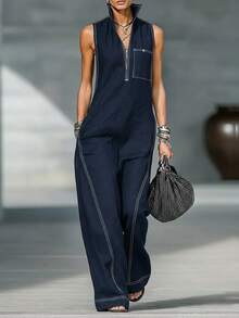 Women's Fashionable And Elegant Stand-Up Collar Sleeveless Casual Loose Bodysuit - màu xanh hải quân - Xem 1