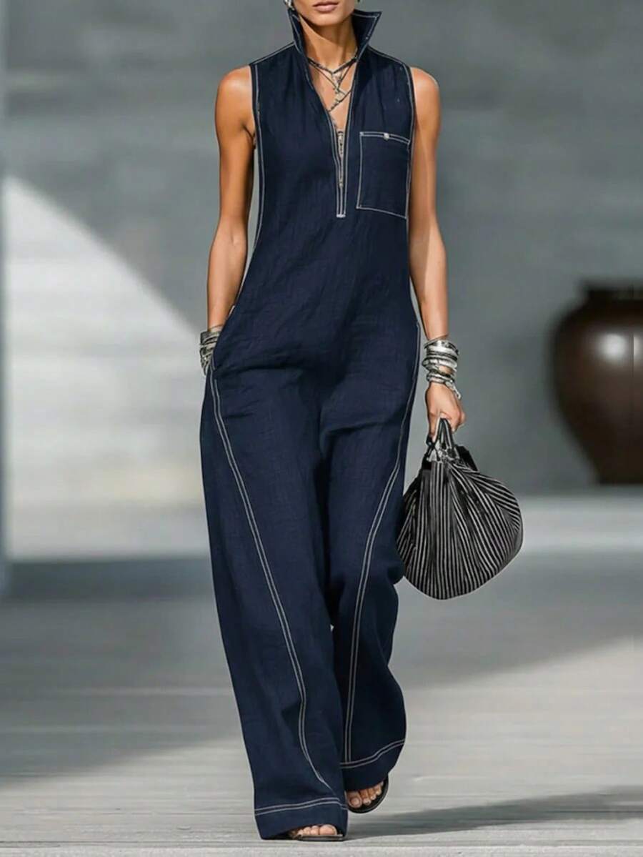 Women's Fashionable And Elegant Stand-Up Collar Sleeveless Casual Loose Bodysuit - màu xanh hải quân - Xem 1
