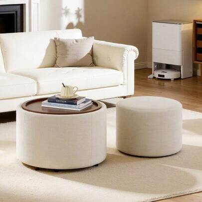 Ball & Cast 2-Piece Nesting Stool Set With Storage, Footstool With Linen Cover And Wooden Shelf, 58 Cm Round Coffee Table & Bench, Beige