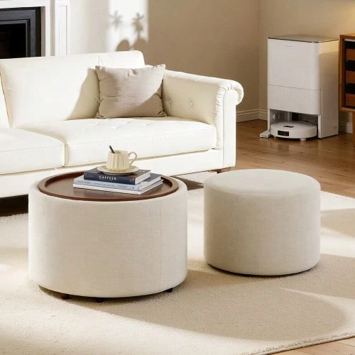 Ball & Cast 2-Piece Nesting Stool Set With Storage, Footstool With Linen Cover And Wooden Shelf, 58 Cm Round Coffee Table & Bench, Beige - Beige - View 1