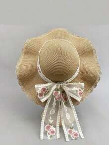 Summer New Korean Style Women's Ribbon Breathable Straw Hat, Travel Sun Hat, Oversized Brim, Bowknot, Bohemian Casual Elegant Vintage Street Style, Polyester, Wind/UV Protection, Spring And Summer - Mũ Rơm - Xem 10