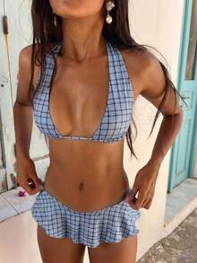 女款時尚優雅復古格紋印花泳衣套裝，適合夏季海灘度假、海邊活動與聖誕假期穿著 - 藍色 - 查看 8