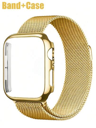 2 piezas Correa de reloj de malla dorada de acero inoxidable Milanese + Funda de TPU para Apple Watch 38mm 40mm 41mm 42mm 44mm 45mm, Correa de metal de repuesto con cubierta protectora compatible con IWatch Series /9/8/7/6/5/4/3/SE para hombres y mujeres, regalos de Navidad y cumpleaños