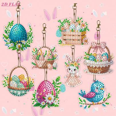 8pcs Set, Soft Floral & Easter Egg Theme, 5D Diamond Painting Keychain Art Set, Diamond Painting Colorful Decoration Set, DIY Art Craft Supplies, Suitable For Art Lovers As Holiday Gift, Perfect Wedding Gift