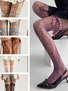 1pc Slimming Sheer Black Stockings, Sexy Fishnet Tights, Thin Lace Hollow-Out Pantyhose - Multicolor - View 2