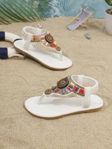 1 Pair Summer Kids Flat Sandals, Elastic Slip-On-On Toe-Divided Design Outdoor Children Shoes - White - View 5